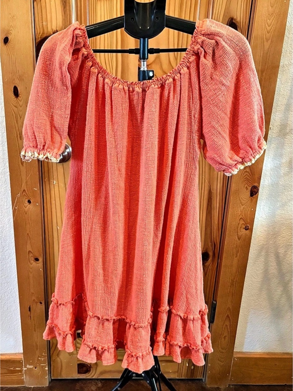 Free People Coral Orange Gauze Off Shoulder Ruffle Mini Dress Boho